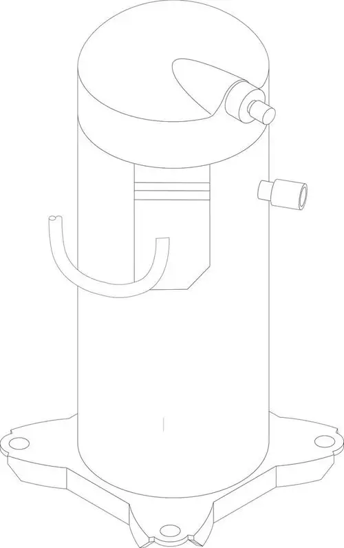 BOSCH Kompressor mit zylindrischer Form, einem runden oberen Teil und mehreren Anschlüssen für Leitungen an der Seite und am Boden.